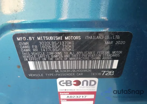 2020 Mitsubishi Mirage Es/Se from USA, damaged, VIN ML32A3HJ9LH009826